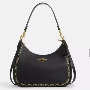 Coach Black Leather Grommet-Trim Shoulder Bag